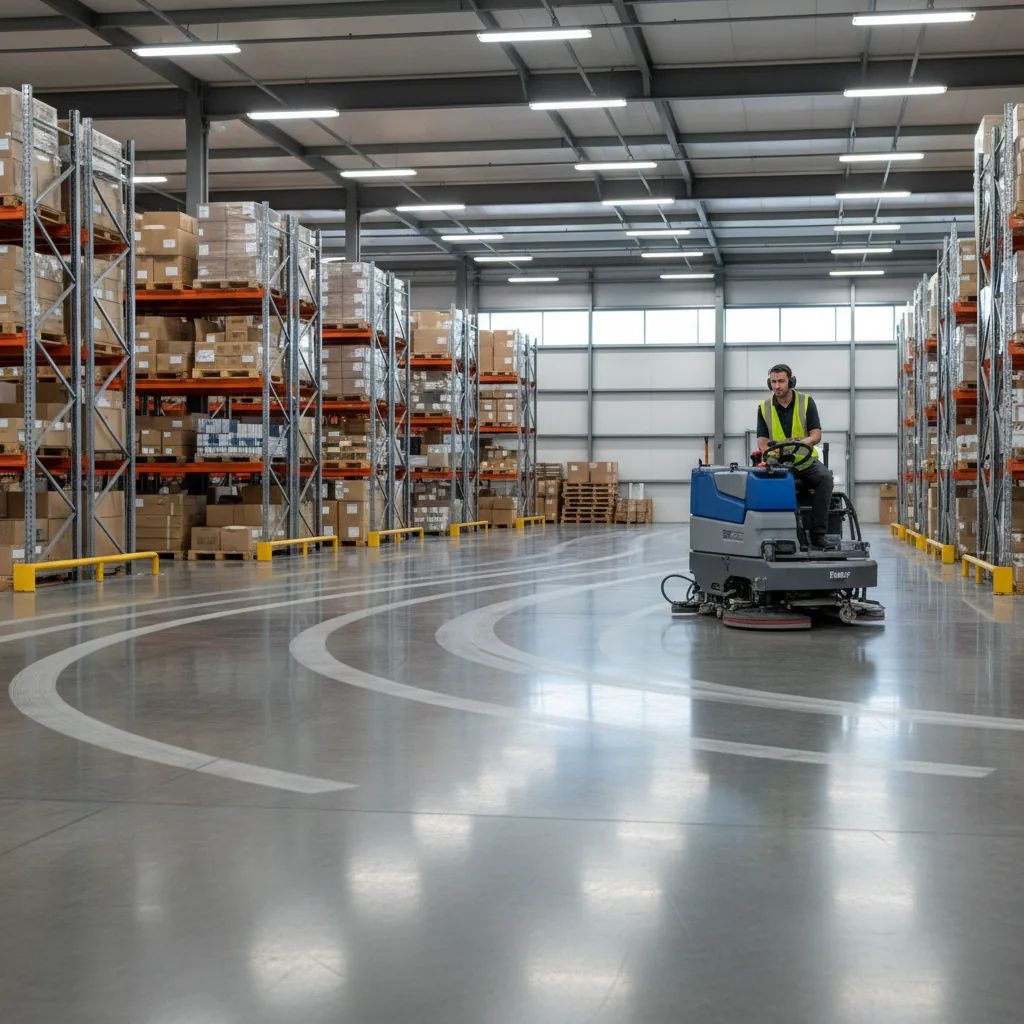 A ride-on floor scrubber cleaning a warehouse aisle